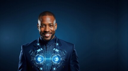 Obraz premium Confident man smiling in a futuristic suit against a blue background 