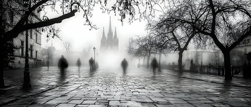 Fototapeta Mysterious Foggy City Street with Distant Figures