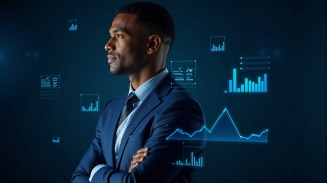 Professional man in suit analyzing data against digital background  