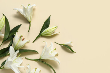 White lily flowers on beige background. Top view