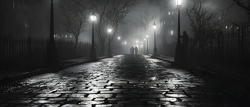 Fototapeta Rainy Night City Street Scene with Cobblestone Road and Lampposts