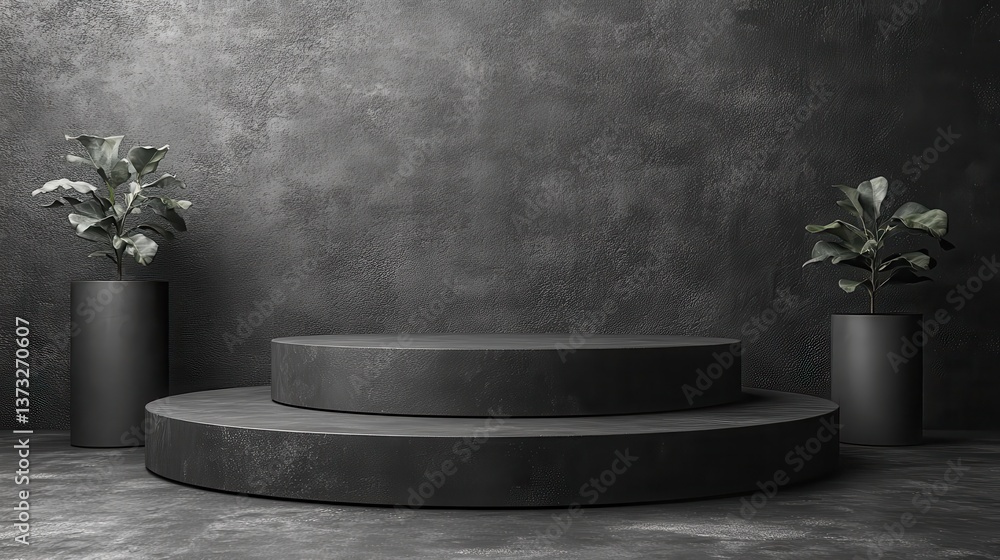 Poster black podium or pedestal display on dark background with cylinder stand concept blank product shelf 