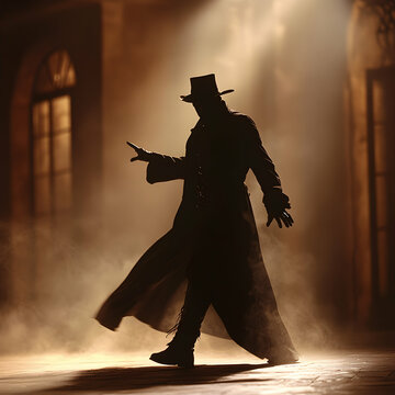 Fototapeta Mysterious Silhouette of a Man in a Long Coat Walking at Night