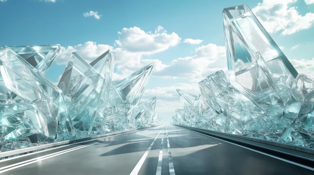 A photorealistic futuristic crystal cityscape, alone asphault highway, sunny day, blue sky