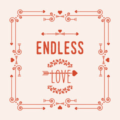 Red swirl art deco square border frame pattern card with words Endless Love and heart leaves and arrow emblem icon on pink