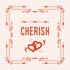 Red swirl art deco square border frame pattern greeting card with words Cherish and two hearts emblem icon