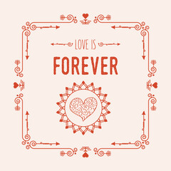 Red swirl art deco square border frame pattern card with words Love Is Forever and heart circle emblem icon on pink