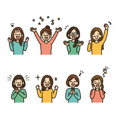 喜ぶ　女性　複数　イラスト　上半身　セット　バリエーション　手書き