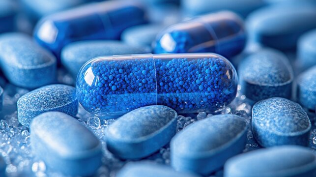 blue capsule medicines and tablets close up of blue capsules and tablets on white background