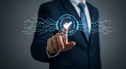 Businessman Tapping Digital Checkmark Icon: Technology, Compliance, Approval, Verification, Futuristic, Modern, Business Concept, Suit, Tie