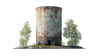 Industrial cooling tower with detailed textures on a white background