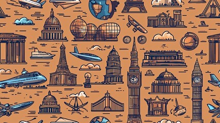 A captivating pattern of different types of travel including airplanes, trains, bicycles, and suitcases representing the spirit of adventure and exploration