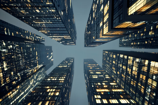 Night Cityscape: Low Angle View of Illuminated Skyscrapers