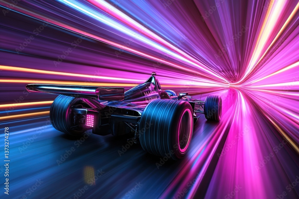 Aufkleber futuristic race car speeds through neon tunnel, showcasing a high-tech cyberpunk atmosphere with vib