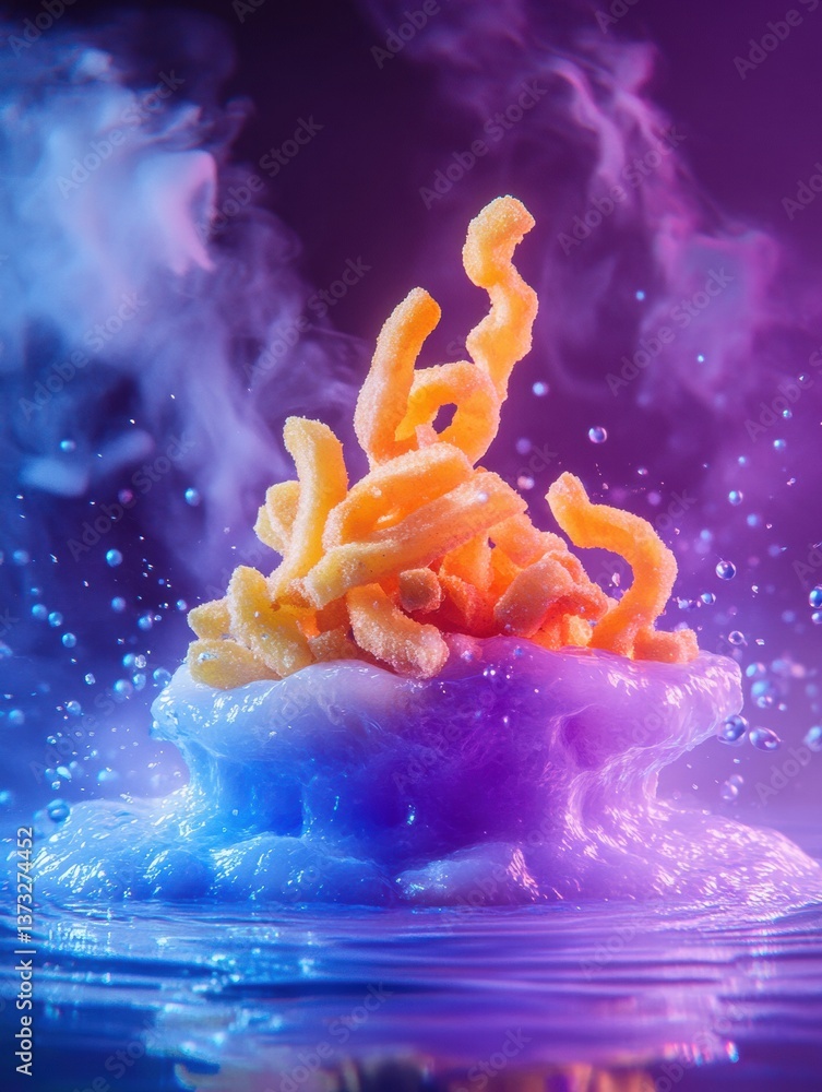 Poster floating french fries illuminated by neon colors create a dynamic, futuristic atmosphere in a high-s