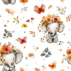 Cute elephants adorned with floral crowns and surrounded by butterflies create whimsical and cheerful pattern. This design is perfect for children decor and adds playful touch to any space