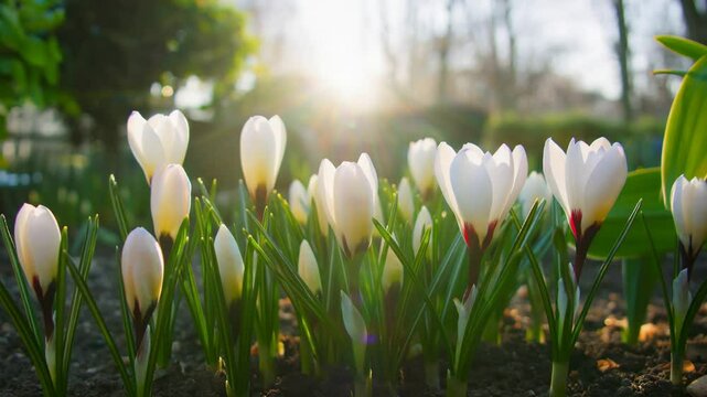 White crocus flowers brightly blooming representing spring awakening against a backlit garden background