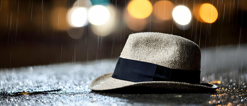 Fototapeta Beige Straw Hat in the Rain at Night
