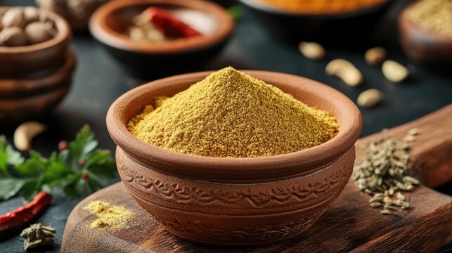 A clay bowl filled with cumin powder placed on a wooden chopping board.