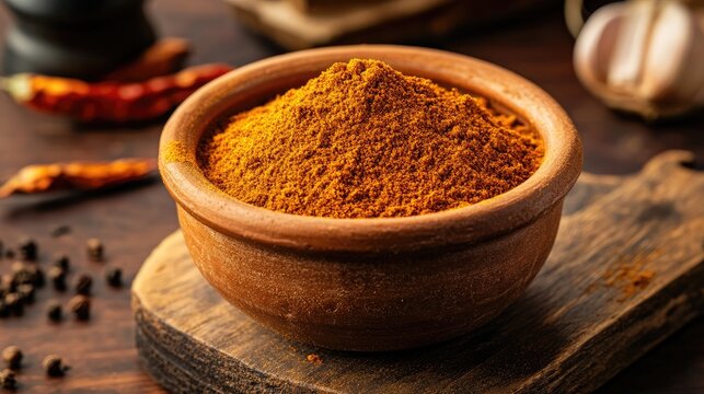 A clay bowl filled with cumin powder placed on a wooden chopping board.