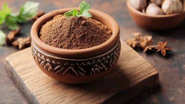 A clay bowl filled with cumin powder placed on a wooden chopping board.