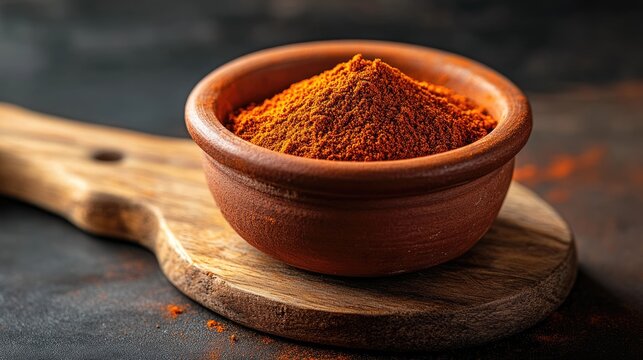 A clay bowl filled with cumin powder placed on a wooden chopping board.