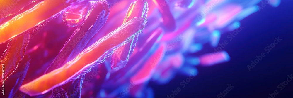 Poster floating french fries illuminated by neon purple and blue lighting in a dynamic and futuristic envir