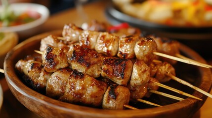 A close-up of golden-brown kebab skewers resting on a wooden serving plate.