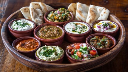 A colorful Middle Eastern mezze platter with various dips and pita.
