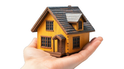 House in hand, hand holding a house displayed on a white background