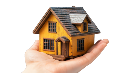House in hand, hand holding a house displayed on a white background