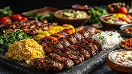 Obraz premium A festive Arabian meal with multiple rice dishes, grilled meats, and fresh salads.
