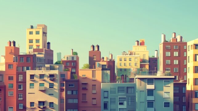 a cityscape with crooked bent small buildings facade line, clear sky 7pm afternoon, low angle camera, 3d cartoonish funny style, cartoon network, minimalist details, 