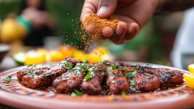 A hand sprinkling cumin powder over a traditional Arabic dish.