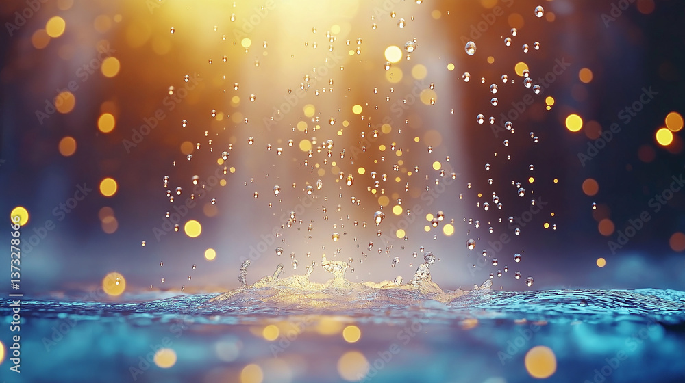 Poster golden shower: capturing the gentle cascade of droplets falling with precision, lit with captivating