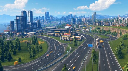 Fototapeta premium A clean, near-future city with roads and modern buildings