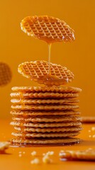 Delicious Golden Caramel Waffles Stack Drizzled with Sweet Honey Syrup, Close-up Studio Shot on Orange Background