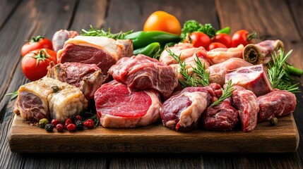 A rustic wooden table displaying fresh cuts of lamb, goat, chicken, and camel meat.