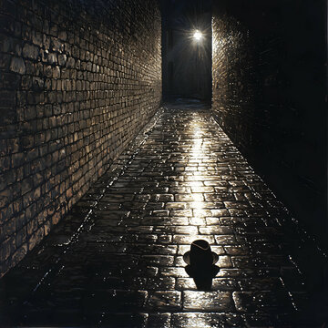 Fototapeta Dark and Wet Brick Alley at Night