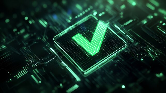 Glowing green checkmark. Green check mark. Technology background