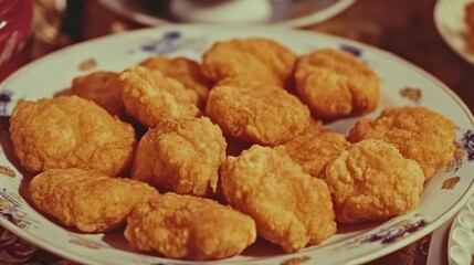 Crispy chicken nuggets. Vintage background