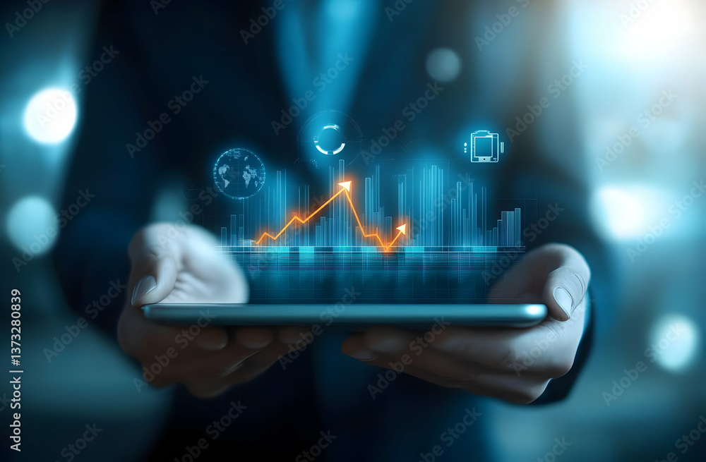 Poster a businessman holds a tablet displaying digital graphs and analytics for modern data analysis and st