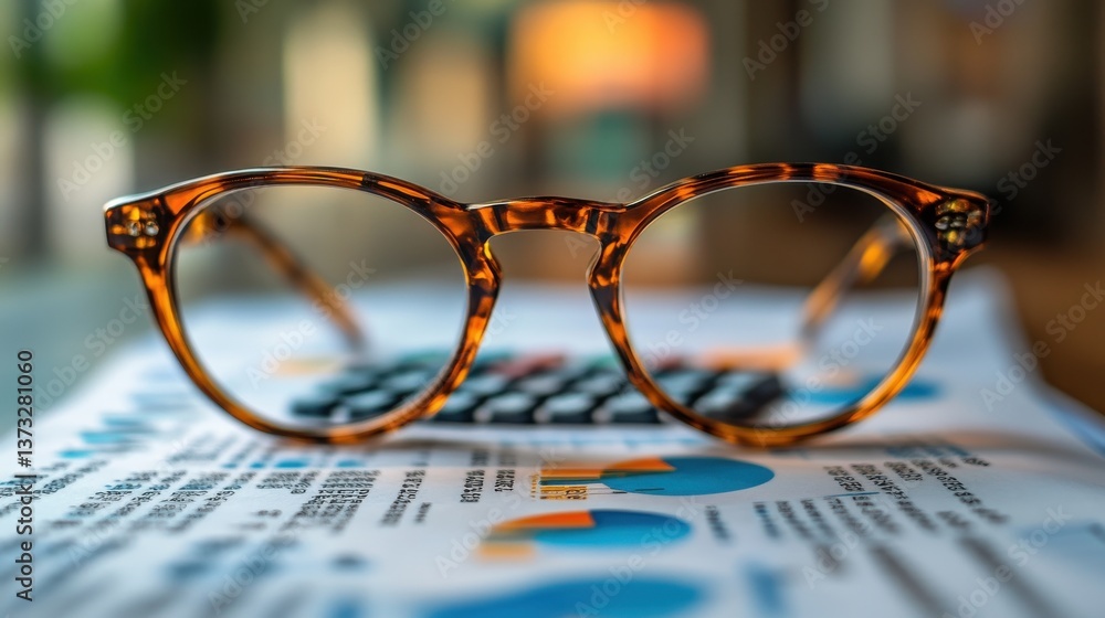 Poster business document glasses and calculator on gray reflection background many graphs and charts concep