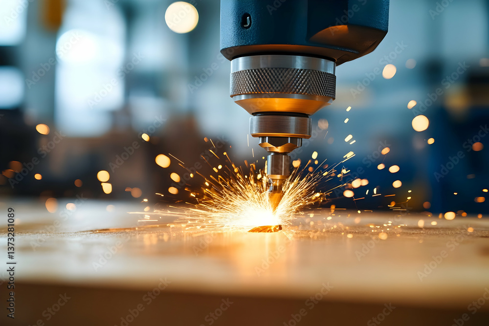 Poster a close-up view of a drill in action, creating sparks while cutting through wood, showcasing the pre