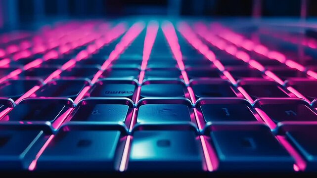 Close-up view of a modern keyboard illuminated in vibrant pink and blue hues, showcasing technology
