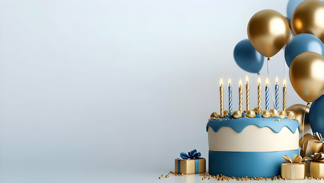 A festive birthday cake with blue and gold decorations, surrounded by colorful balloons and gifts, perfect for celebrations.
