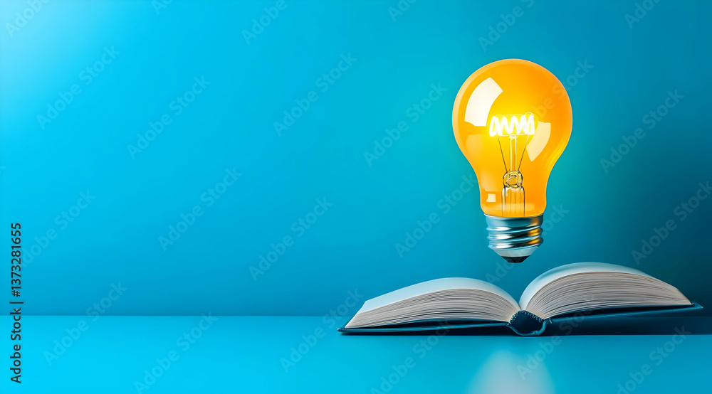 Poster a light bulb hovering over an open book symbolizes creativity and new ideas in learning and knowledg