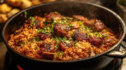 A traditional cooking pot filled with fragrant Mandi rice and tender meat.