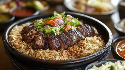 Fototapeta premium A traditional earthenware dish filled with richly spiced Kabsa rice and grilled meat.