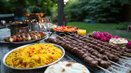 A traditional meal setup with kebabs, saffron rice, and freshly baked pita bread.